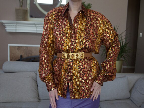Vintage Escada 80s Animal print silk Metallic Blou
