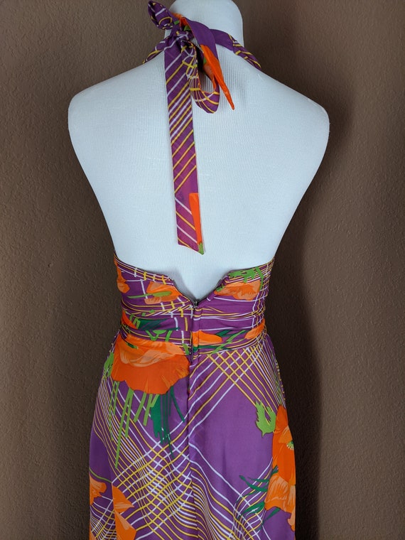 Vintage maxi halterneck dress 70s purple with big… - image 9