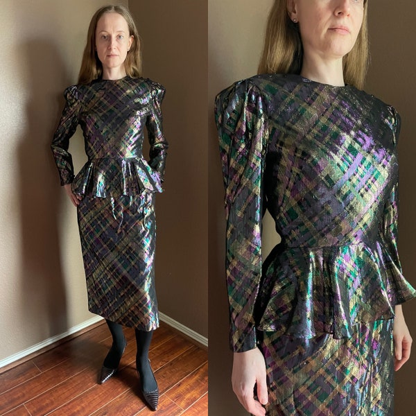 Vintage 80s matching Set Prophecy Petites metallic skirt peplum top Plaid print Puff sleeves