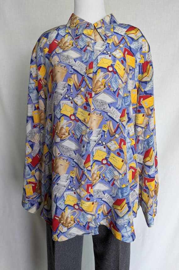 Vintage silk blouse novelty print Business Woman … - image 1