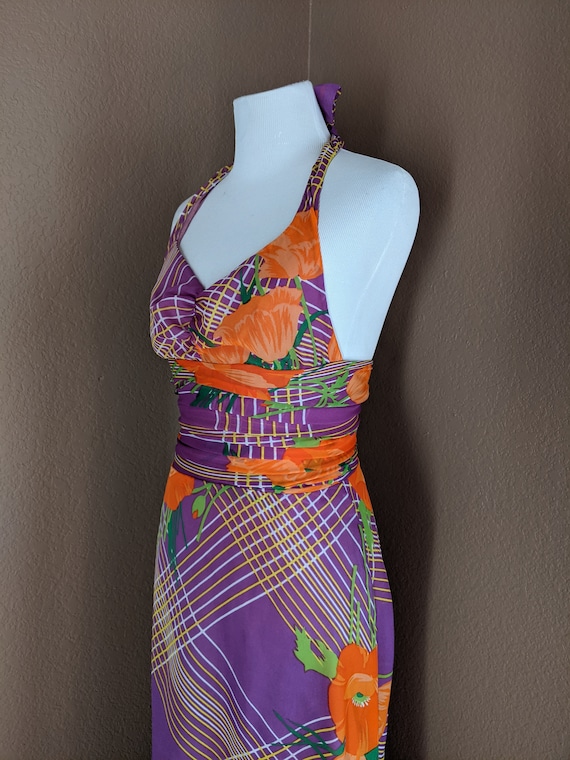 Vintage maxi halterneck dress 70s purple with big… - image 5