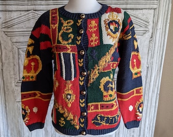 Vintage sweater cardigan textured chunky knit Crowns Medals Insignia motive The Eagle's Eye 1991