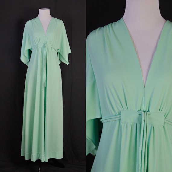Vintage mint green maxi Dress 70s Angel sleeves Su