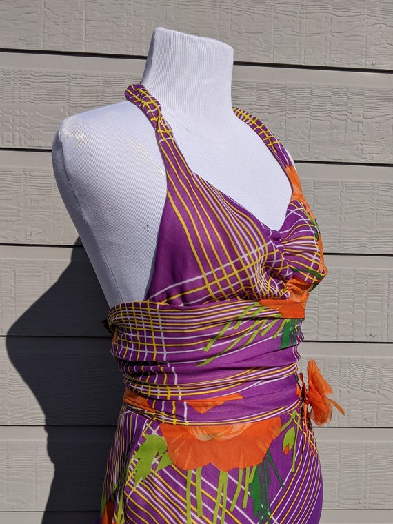Vintage maxi halterneck dress 70s purple with big… - image 10