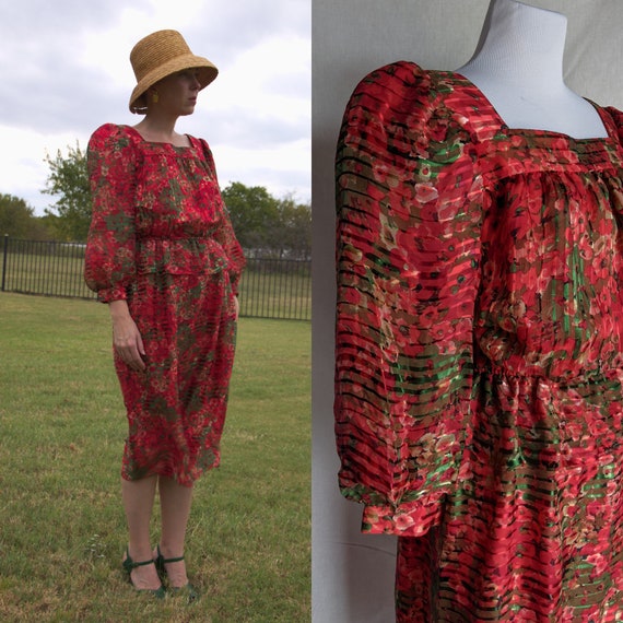 Vintage midi floral dress Diane Dickinson 80s Puf… - image 1