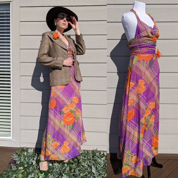 Vintage maxi halterneck dress 70s purple with big… - image 1
