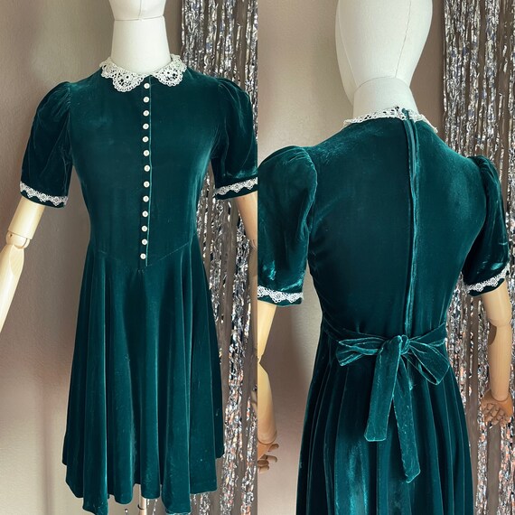 Vintage 90s American Girl Mini Dress Evergreen Crushed Velvet Puff 