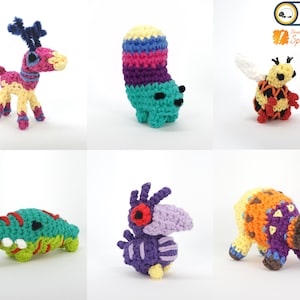 May include: Six crocheted stuffed animals in various colors and designs. The animals include a deer, a squirrel, a bee, a crocodile, a bird, and a bear.