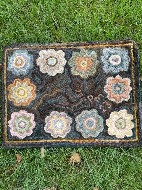 Folk Art "Antique Flowers", Hand Hooked Primitive Rug