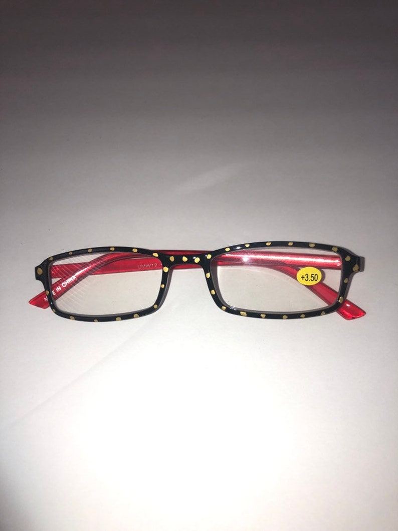 +3.50 great gift Trendy and chic and fun Super stylish black frames with red arms and gold polla dots One of a kind Reading Glasses