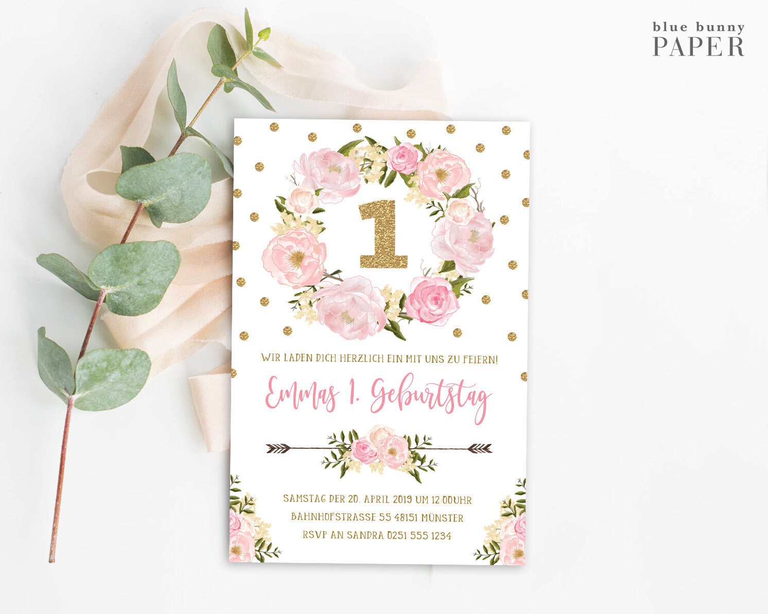 1 Geburtstag Madchen Einladungskarte Personalisiert Gold Glitter Und Rosa Blumen Flo18a