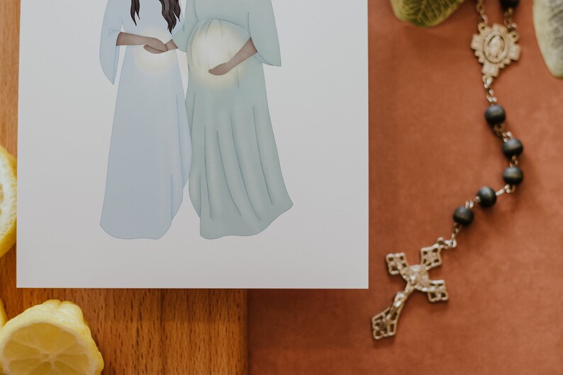 May include: A digital illustration of two women in long, flowing robes. One woman is pregnant and holding her belly. The other woman is standing next to her with her hand on the pregnant woman's belly.