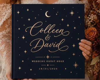 Personalized Celestial Wedding Guest Book, Moon and Stars Guestbook, Custom Names and Date, Gold Foil Hardcover Wedding Keepsake