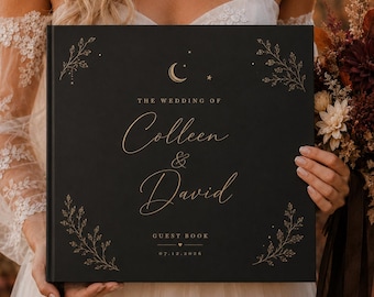 Celestial Wedding Guest Book, Personalized Black Hardcover Album, Moon Stars Fall Wedding Sign In Book, Dark Romance Halloween Guestbook