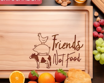 Tabla de cortar "Friends Not Food", regalos veganos para amantes de la comida, tabla de cortar verduras divertida, cesta de regalo vegana, regalos vegetarianos, decoración de cocina adorable