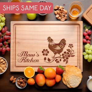 Personalized Chicken Cutting Board with Flowers, Engraved Farmhouse Kitchen Decor, Rustic Charcuterie Board, Custom Country Gift Idea