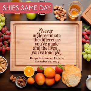 Custom Retirement Gift, Personalized Cutting Board, Retirement Present for Her, Him, Gift for Retirees, Never Underestimate Quote