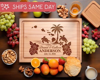 Personalisierte Hawaii Schneidebrett, Hawaiianische Karte, Einzigartiges Hochzeitsgeschenk für Paare, Jubiläumsgeschenk, Einweihungsparty oder Abschlussgeschenk
