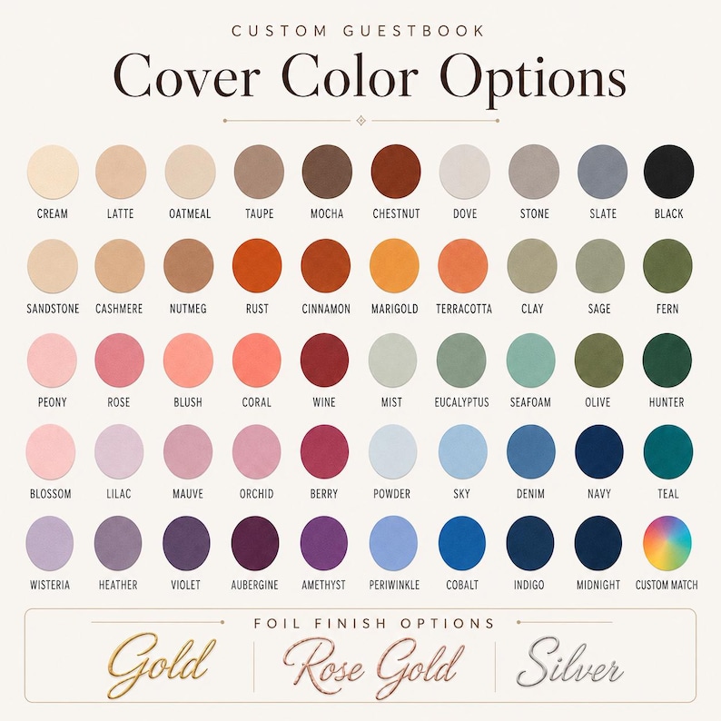 May include: A color chart for a custom guestbook featuring rows of circular swatches in various shades including cream, latte, rust, sage, and navy. Below the swatches, the text displays foil finish options in gold, rose gold, and silver.