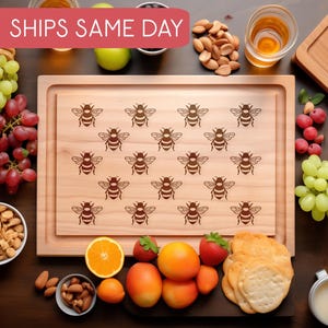 Repeating Bee Charcuterie Board, Unique Engraved Maple Cutting Board, Cheese Board, Serving Board,  Honey Bees, Bumble Bee Pattern