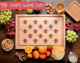Repeating Bee Charcuterie Board, Unique Engraved Maple Cutting Board, Cheese Board, Serving Board,  Honey Bees, Bumble Bee Pattern