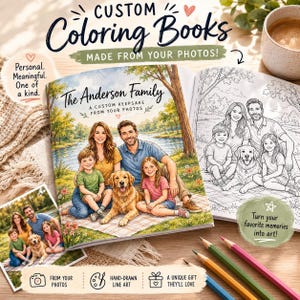 Puede incluir: Libros para colorear personalizados hechos a partir de tus fotos. La portada del libro presenta un retrato familiar con un perro. El texto dice "The Anderson Family" y "Un recuerdo personalizado de tus fotos". El libro abierto muestra un dibujo lineal en blanco y negro de la misma familia.