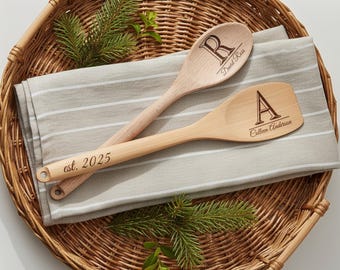 Personalized Monogram Wooden Spoon and Spatula: Custom Engraved Kitchen Utensils with Initial and Name