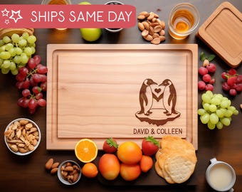 Personalized Penguin Cutting Board, Custom Charcuterie Board, Penguin Lover Couples Gift, Wedding or Engagement Gift, Christmas Gift for Her