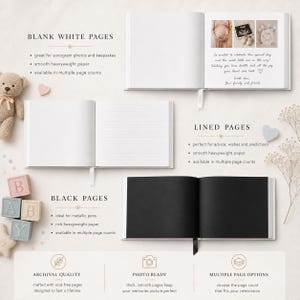 May include: Three open books with white, lined, and black pages displayed alongside a teddy bear and baby blocks. The white pages feature photos and handwritten text. The layout includes labels for blank white pages, lined pages, and black pages.