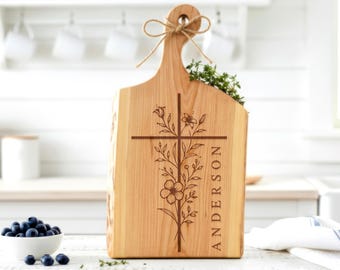 Personalized Christian Last Name Cutting Board with Handle, Custom Religious Charcuterie Board with Cross, Live Edge Wood Serving Tray