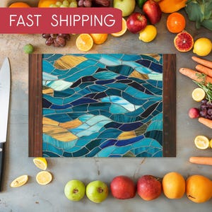 Ocean Waves Glass Cutting Board, Teal and Gold Stained Glass Kitchen Decor, Coastal Home Gift, Mosaic Tile Charcuterie Serving Board