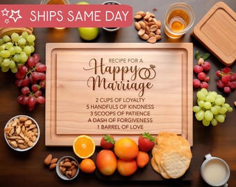 Tabla de cortar con recetas para un matrimonio feliz, regalo de boda para pareja, regalo de inauguración de la casa, tabla de charcutería, regalo para el hogar, regalo para recién casados