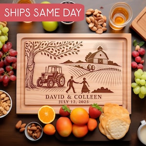 Personalized Farmhouse Cutting Board – Rustic Barn, Tree & Tractor Engraved, Wedding Gift for Couple Names Date, Anniversary Kitchen Decor