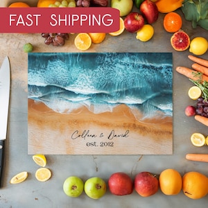 Personalized Ocean Cutting Board, Ocean Beach Waves Glass Chopping Board, Custom Coastal Kitchen Decor, Wedding Gift, Housewarming Present
