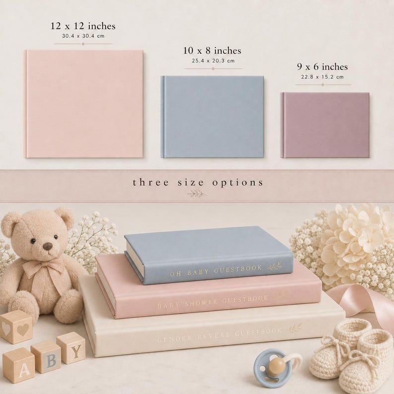 May include: Three guestbooks in light blue, pink, and cream with gold text reading OH BABY GUESTBOOK, BABY SHOWER GUESTBOOK, and GENDER REVEAL GUESTBOOK. Sizes include 12 x 12 inches, 10 x 8 inches, and 9 x 6 inches. Includes a teddy bear and booties.