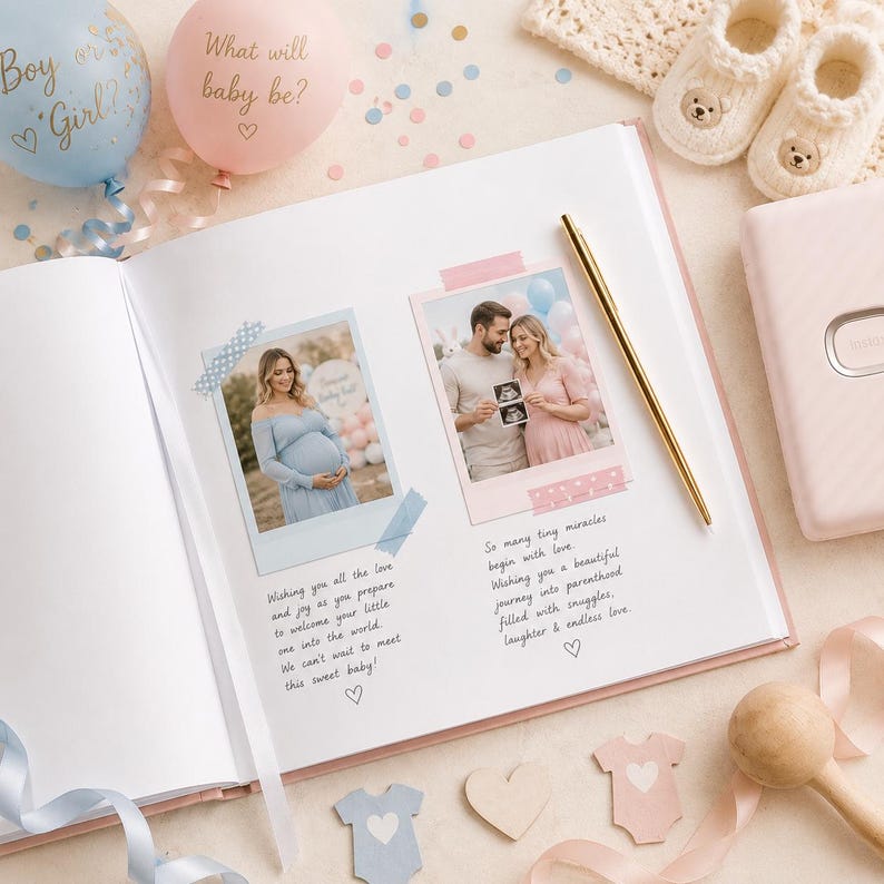 May include: An open baby memory book featuring two polaroid-style photos, one of a pregnant person in a blue dress and another of a couple holding an ultrasound. The pages include handwritten notes, a gold pen, and decorative washi tape accents.