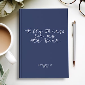 Regalo personalizado para el 50.° cumpleaños, 50 cosas para mi diario del 50.° año, cartas para el 50.° cumpleaños, libro de hitos, cuaderno con nombre personalizado