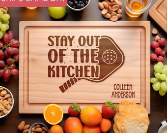 Custom Pickleball Paddle Cutting Board, Personalized Pickleball Gift, Pickleball Dad, Pickleball Mom, Stay Out of the Kitchen, Engraved Gift