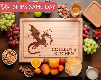 Personalisiertes Drachen-Schneidebrett: Graviertes Holzküchen-Charcuteriebrett mit Fantasy-Design