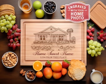 Custom House Portrait Cutting Board, Engraved Photo on Wood Charcuterie Board, Realtor Housewarming Gift, Personalized New Home Closing Gift