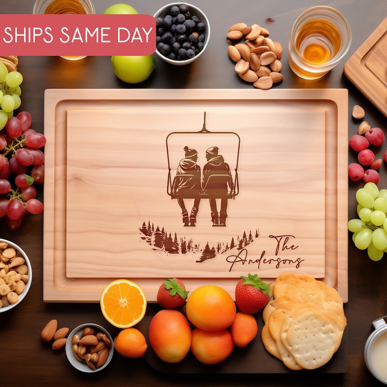 Personalized Cutting Board, Ski Couple Gifts, Snowboarder Gift, Chair Lift Sign, Wedding Gift, Anniversary, Bridal Shower, Mountain Art