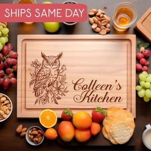Personalized Owl Cutting Board with Flowers, Engraved Bird Kitchen Decor, Woodland Charcuterie Board, Custom Gift for Nature Lovers