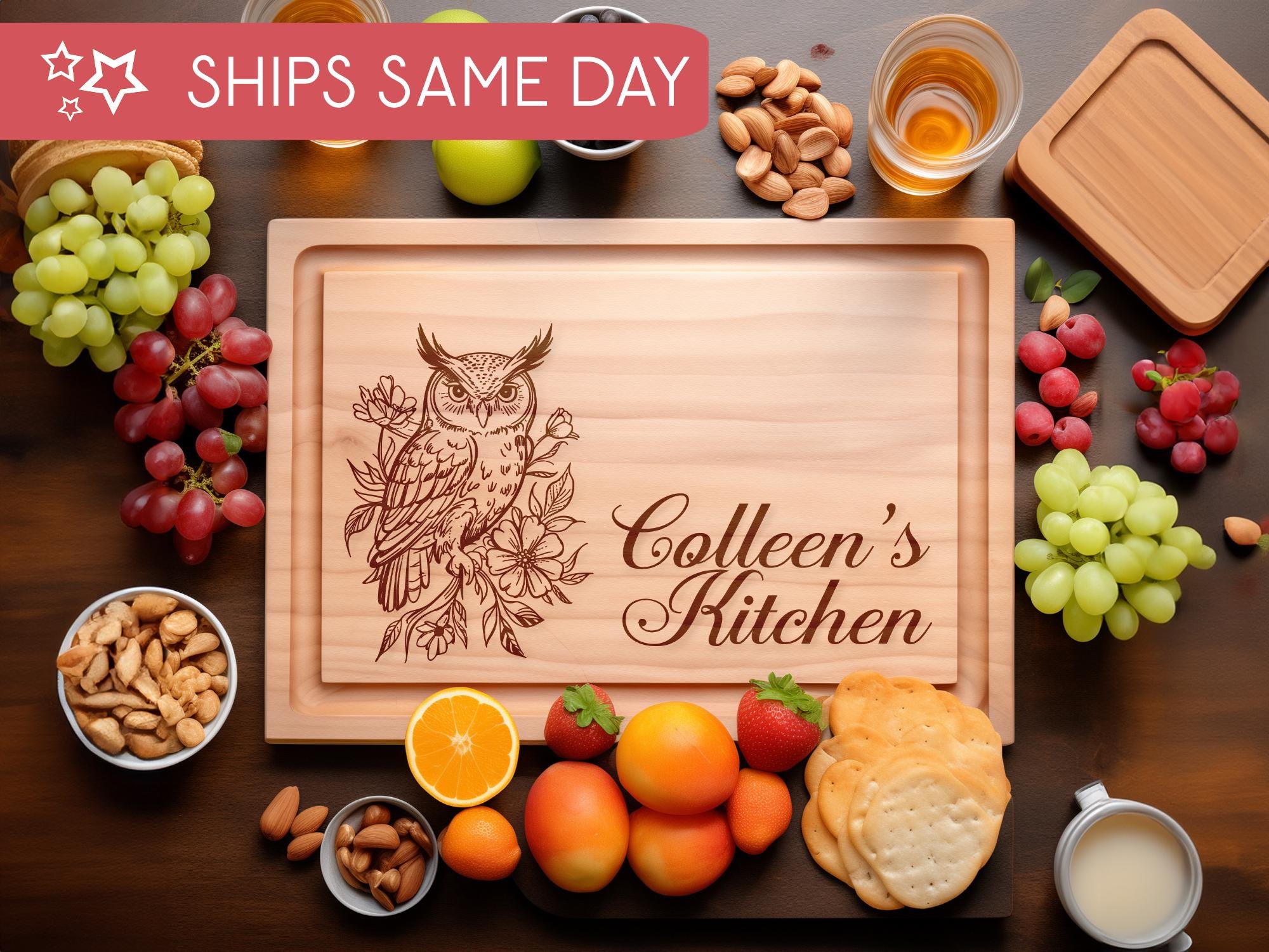 Personalized Owl Cutting Board with Flowers, Engraved Bird Kitchen Decor, Woodland Charcuterie Board, Custom Gift for Nature Lovers