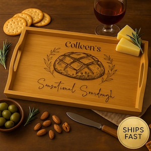 Personalized Bamboo Serving Tray with Sourdough Bread Design, Custom Engraved Charcuterie Board, Rustic Kitchen Decor, Baker Gift