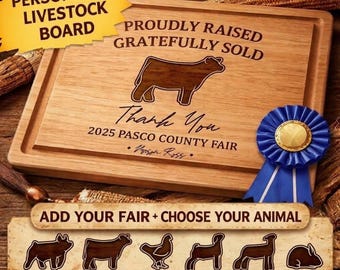 Tabla de cortar personalizada para ganado de feria del condado, tabla personalizada para cerdos de exhibición, regalo de premio de exhibición, tabla para cerdo de mercado, novillo, cabra, cordero, pollo y conejo