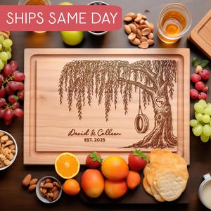 9th Anniversary Engraved Cutting Board, Personalized Weeping Willow Tree with Tire Swing Kitchen Decor, Rustic Couples Charcuterie Board