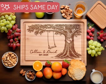 Personalized Oak Tree Cutting Board, Custom Engraved Heart Initials Charcuterie Board, Tree Swing Couples Kitchen Decor