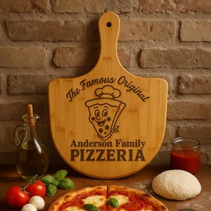 Personalized Family Pizzeria Pizza Board: Custom Engraved Bamboo Paddle with Retro Pizza Slice Mascot