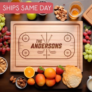 Personalized Hockey Cutting Board, Custom Hockey Rink Cheese Board, Gift for Coach, Maple Wooden Charcuterie Serving Tray, Family Sport Gift