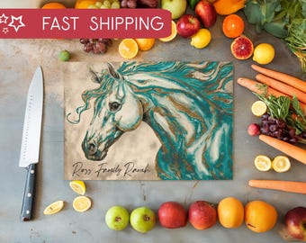 Personalized Horse Glass Cutting Board, Gift For Horse Lover, Equestrian Gifts, Custom Chopping Board, Horse Mom Charcuterie Serving Board